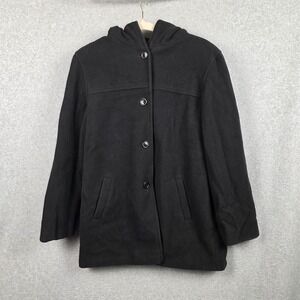 J Percy Coat Womens Medium Black Wool Hooded Button Front Made USA Winter